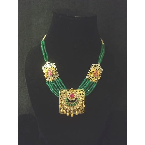 Twotone Finish Cutwork With Spalsh Of Kundan Pieces Green Facited Beads Necklace