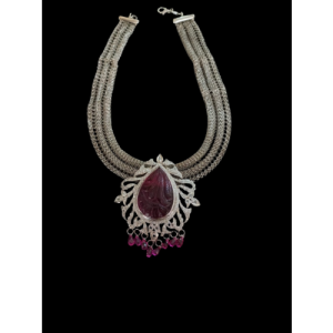 Cz Diamond Pink Stone Carving Neckklace Set