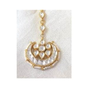 Full White Kundan Chand Shape Silver Based Maang Tikka