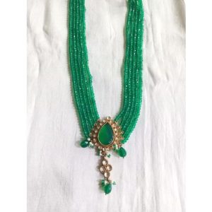 5 Line Green Onyx Facited Beads With Leaf Shape Green Stone Pendant