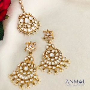 92.5 Full White Kundan Chand Earrings With Tikko