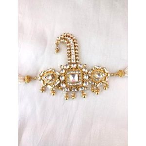 Full White Kundan Golden Carving Silver Based Kalgi For Men