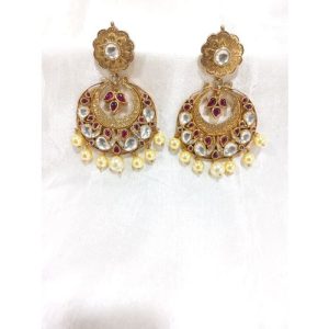 Red White Kundan Chand Earrings