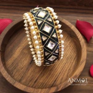 Blue Enamel White Kundan Bangle