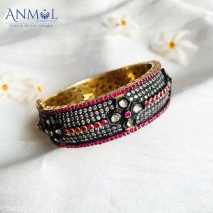 92.5 Silver Cz Polki With Jaipuri Pink Stone Bangle