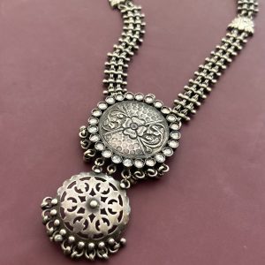 Meena-925 silver flat chain long necklace with round two step pendent